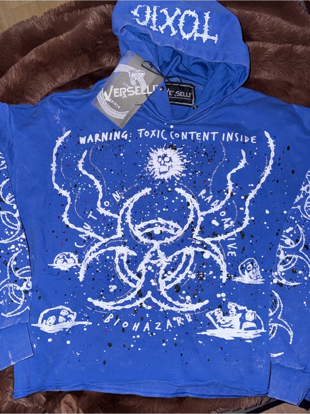 NWT Verselli Streetwear Heavyweight Graphic Sweatshirt Biohazard Blue Rhinestone